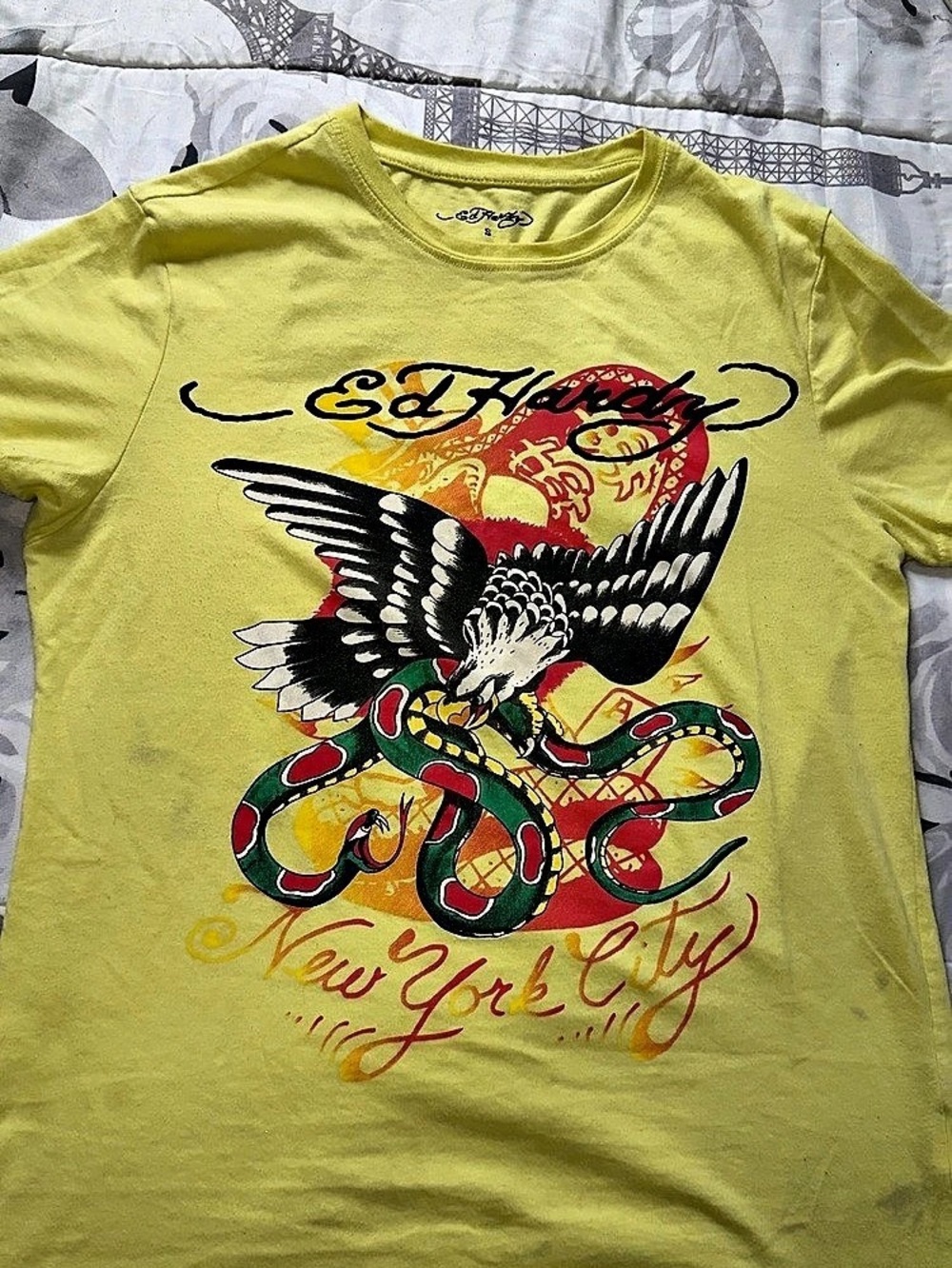 Ed Hardy New York City Eagle Snake Graphic T-Shirt Yellow